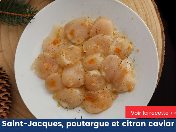 Carpaccio de saint jacques, poutargue et citron caviar